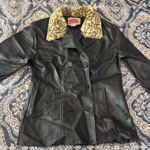 Women's Black Pleather Jacket with Leopard Print Collar